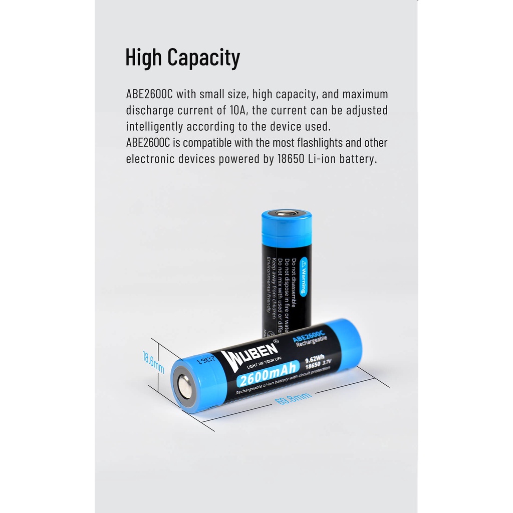 Wuben ABE2600C 18650 可充電電池 2600mAh 大容量 兼容 L50 C3 H1