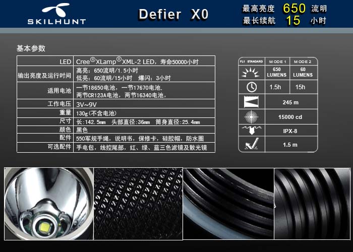 SKILHUNT DEFIER X0 CREE T6 550流明強光戰術手電筒