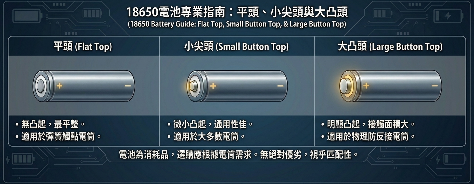 18650電池類型比較 - 平頭、小尖頭、大凸頭完全指南