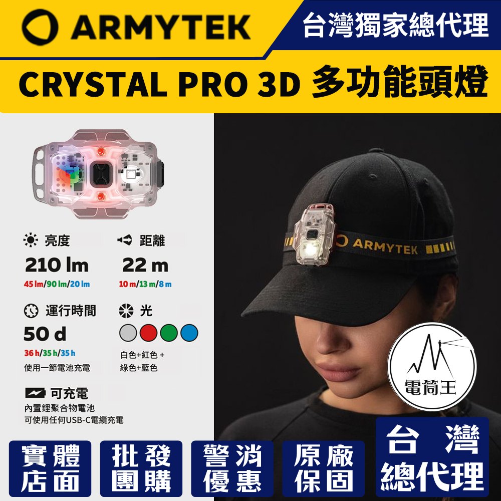 ARMYTEK CRYSTAL PRO 3D 210流明 22米 多功能頭燈 感應刹車燈 紅光/白光/綠光/藍光 TYPE-C