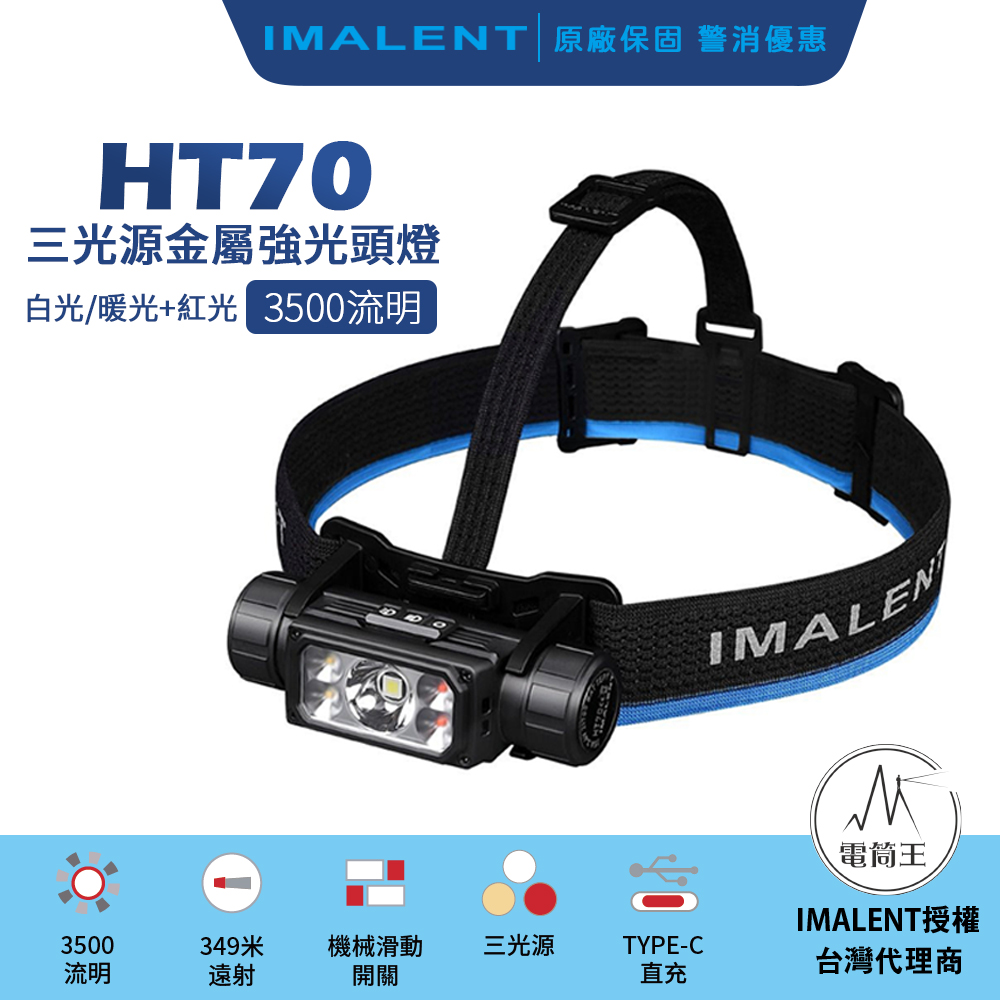 【新品到貨熱賣中】IMALENT HT70 3500流明 三光源頭燈 機械滑動開關 180度調整方向 附背夾 TYPE-C快充