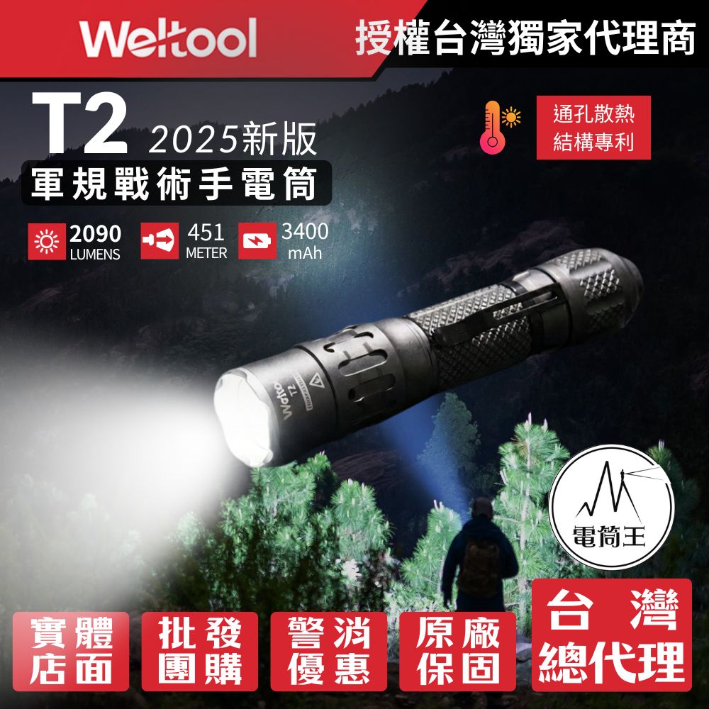 Weltool T2 GY 2025新款 2090流明 451米 軍規戰術手電筒 通孔散熱 瞬間高亮 不鏽鋼攻擊頭