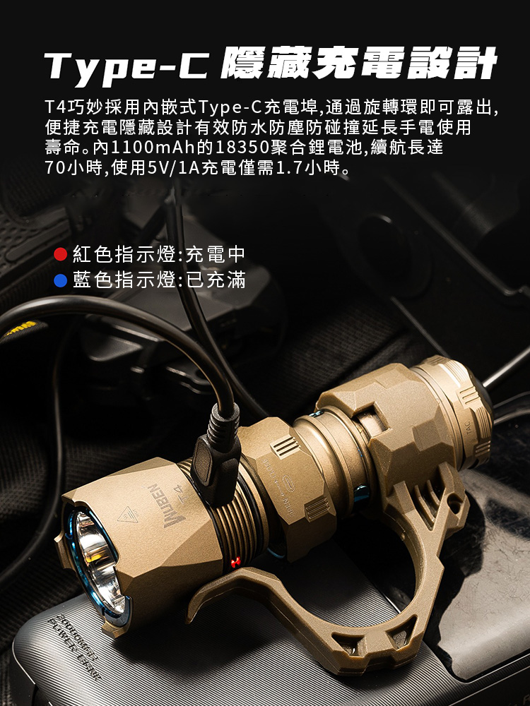 Wuben T4 (黑色) 850流明 401米 戰術手電筒 旋轉模式切換 可加購戰術指環 18350