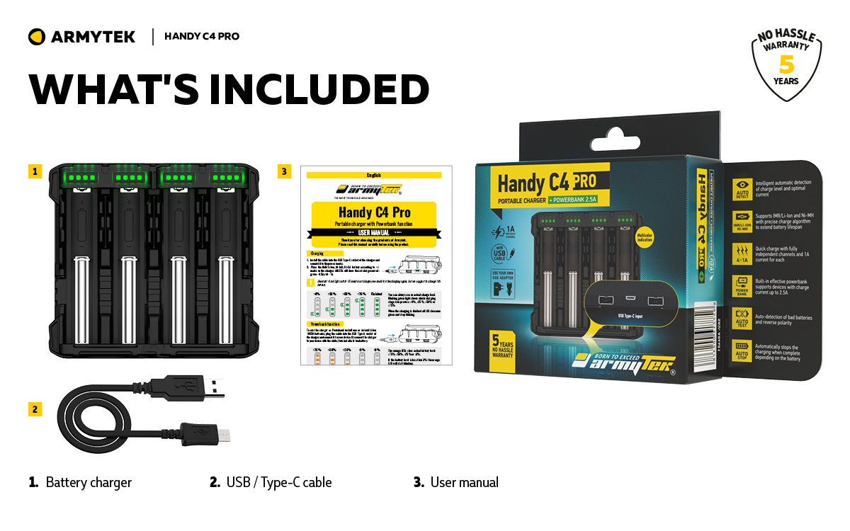 加拿大 Armytek HANDY C4 PRO  4槽充電器  充放兩用USB Type-С 5V/4A 18650