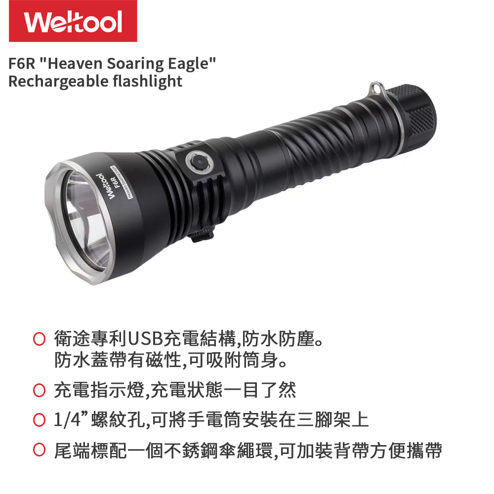 WELTOOL F6R 5200流明 1202米 高流明強力遠射 手電筒 可裝腳架 TYPE-C快充 15000mAh