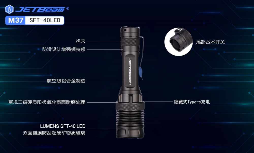 Jetbeam M37 2000流明 525米 戰術強光手電筒 迷你小巧 破窗攻擊頭 Type-C 18650 (2024新版)